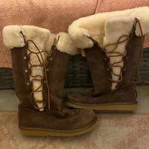 UGG Brown Suede Shearling-Trim Lace-Up Tall Boots